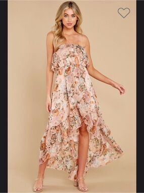 Red Dress Boutique Strapless Peach Pink Floral Ruffle High-Low Dress